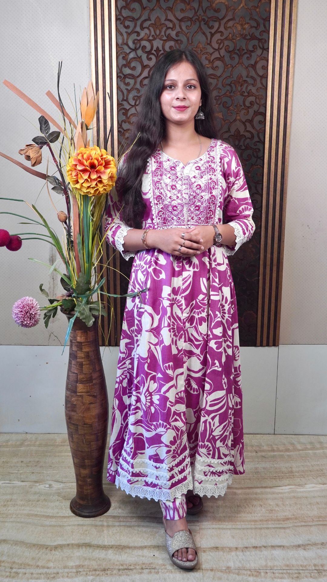 Printed Purple Cotton Anarkali Dupatta Set – Elegant Floral Charm in Soft Cotton