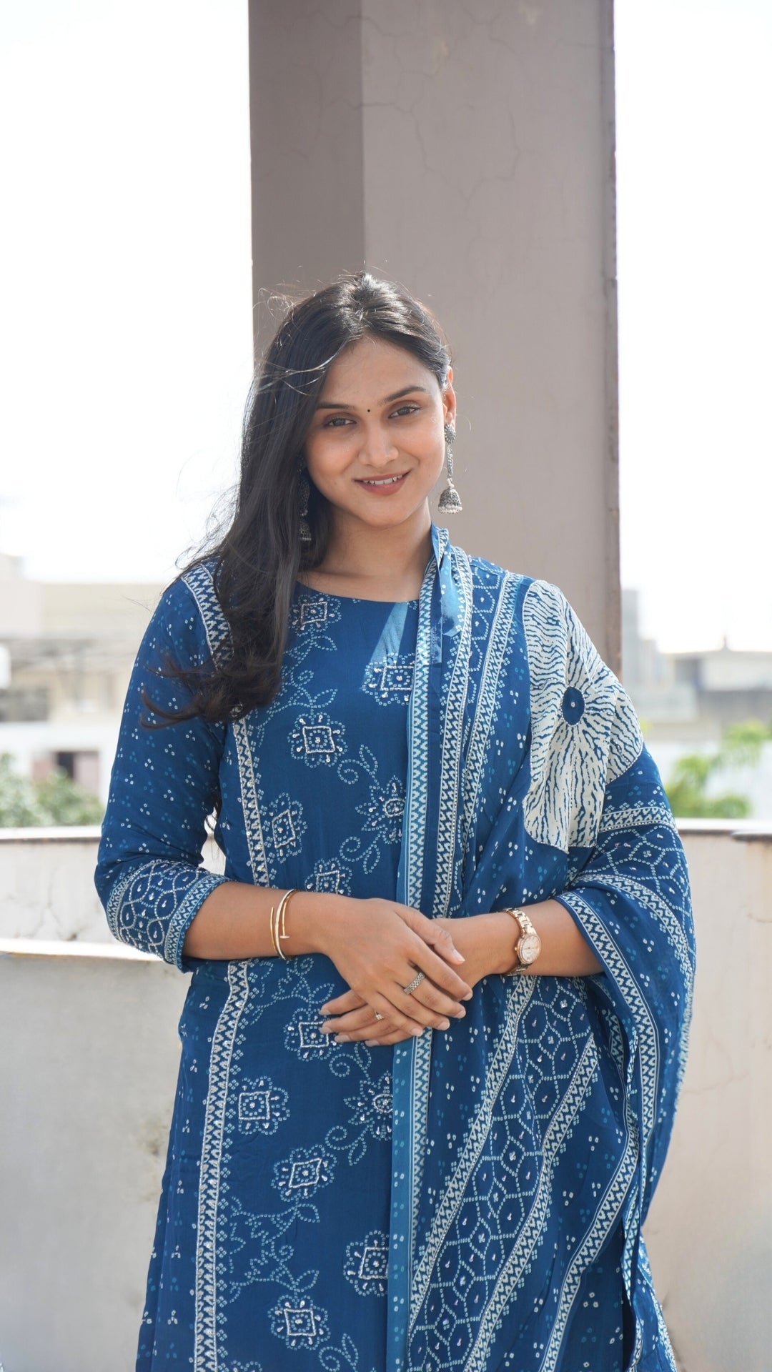 Pure Italian Silk 3-Piece Bandhani Kurta Set with Sequin Work