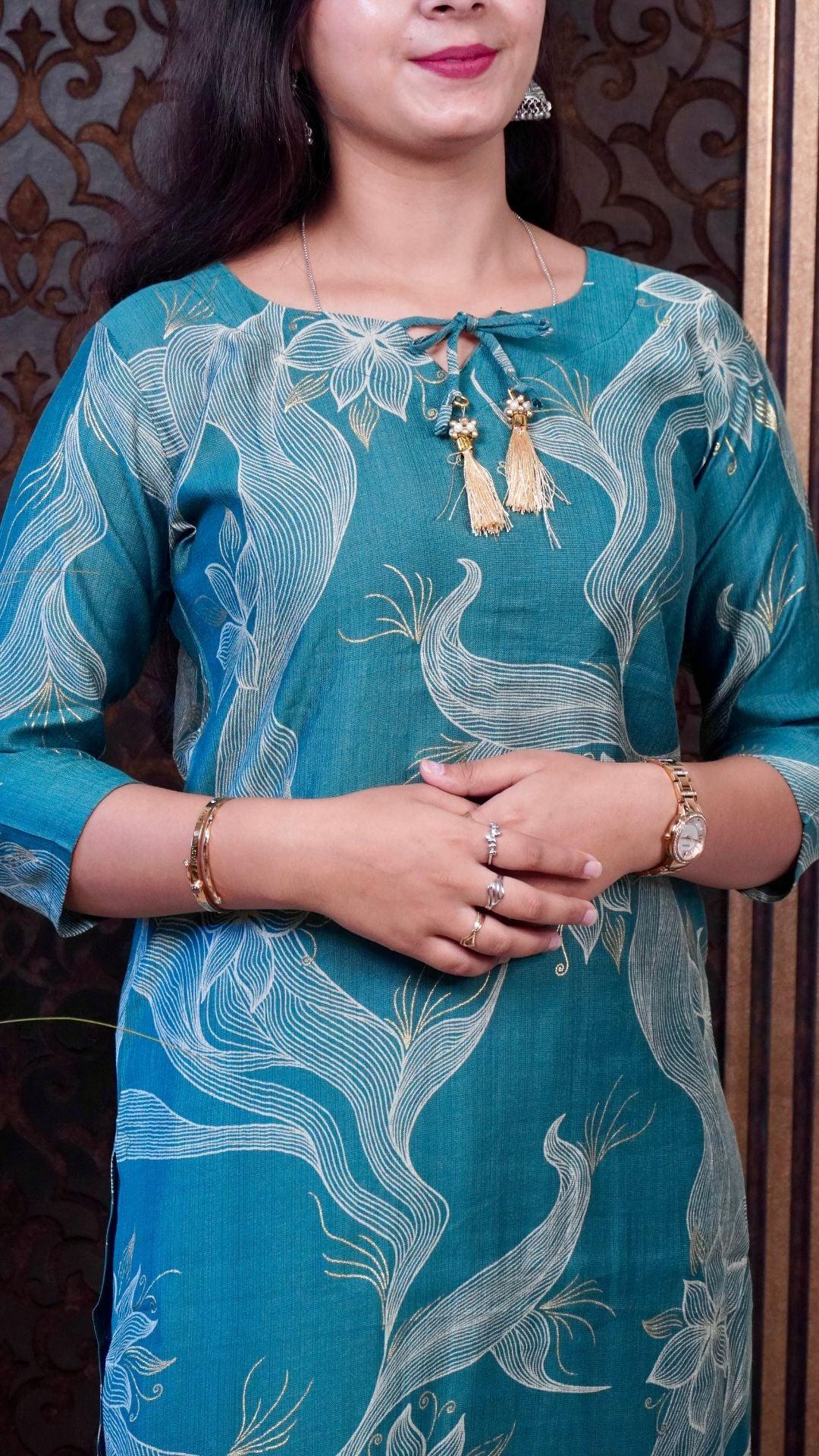 Sea Green Printed Rayon Dupatta set– Breezy Elegance in Serene Hues