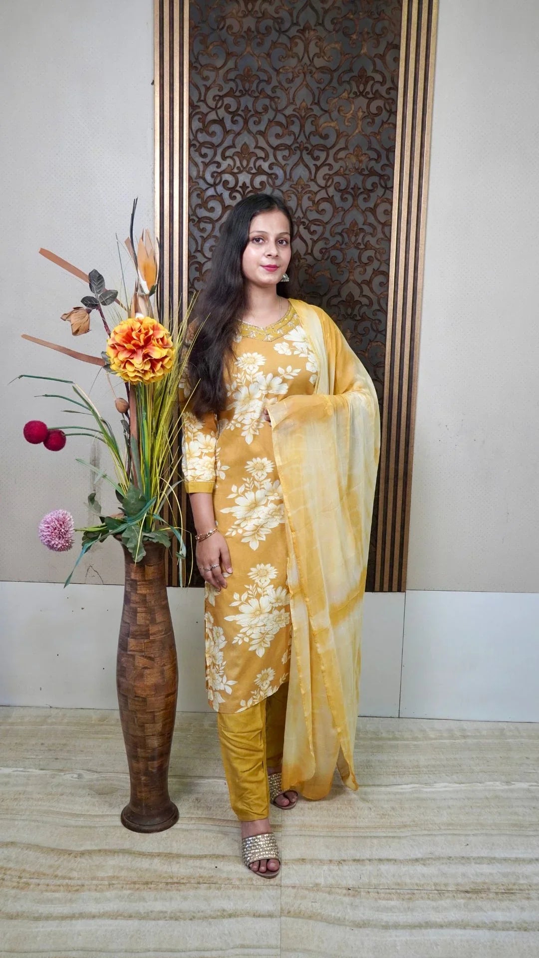 Yellow Printed Rayon Dupatta Set– Sunlit Charm in Soft Drape