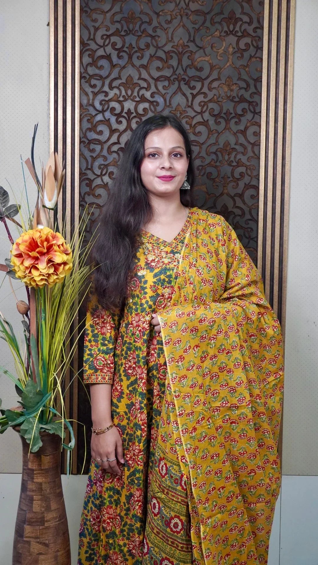 Mustard Printed Cotton Anarkali Dupatta Set – Bright Mustard Elegance
