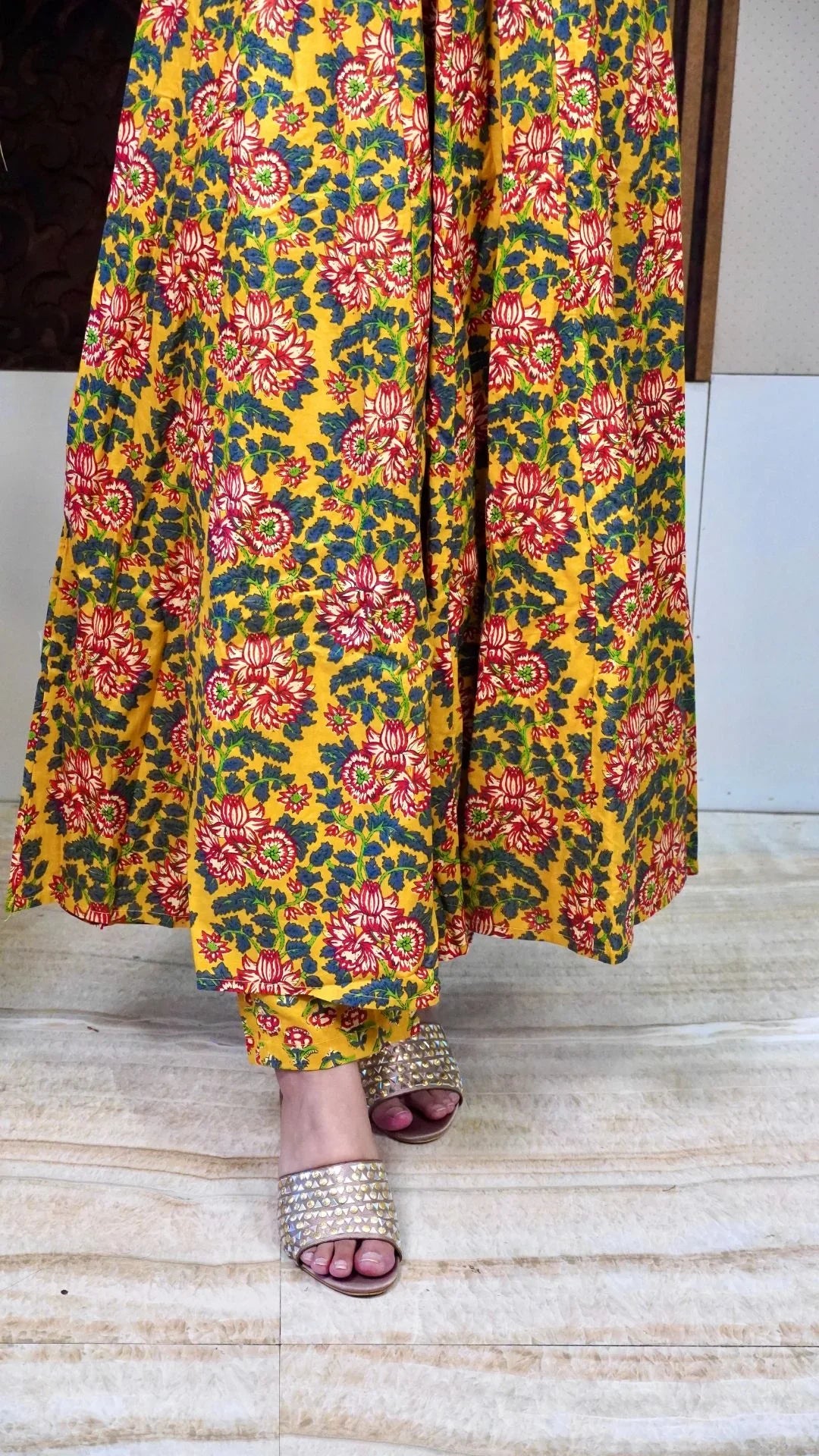 Mustard Printed Cotton Anarkali Dupatta Set – Bright Mustard Elegance
