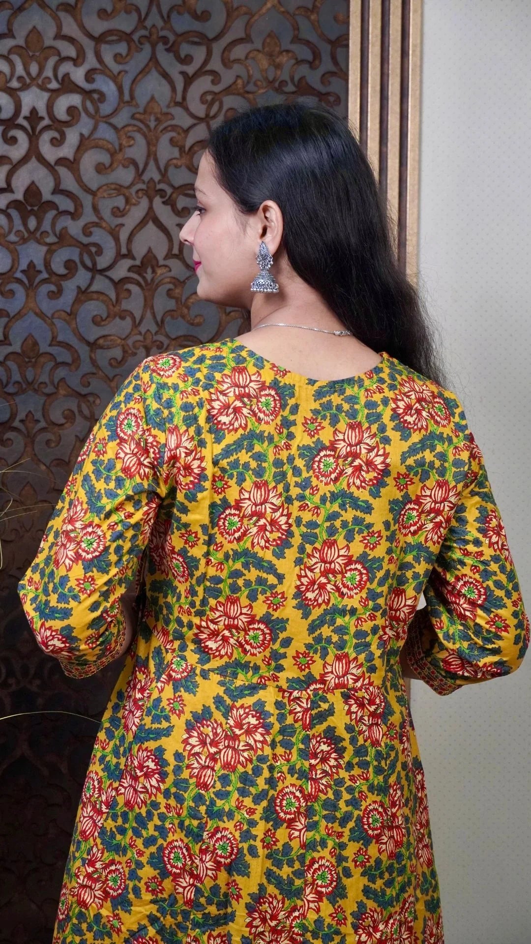 Mustard Printed Cotton Anarkali Dupatta Set – Bright Mustard Elegance