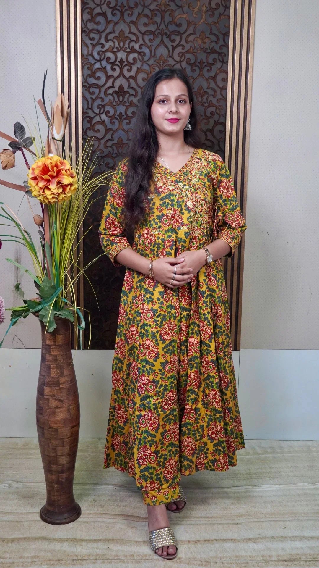 Mustard Printed Cotton Anarkali Dupatta Set – Bright Mustard Elegance