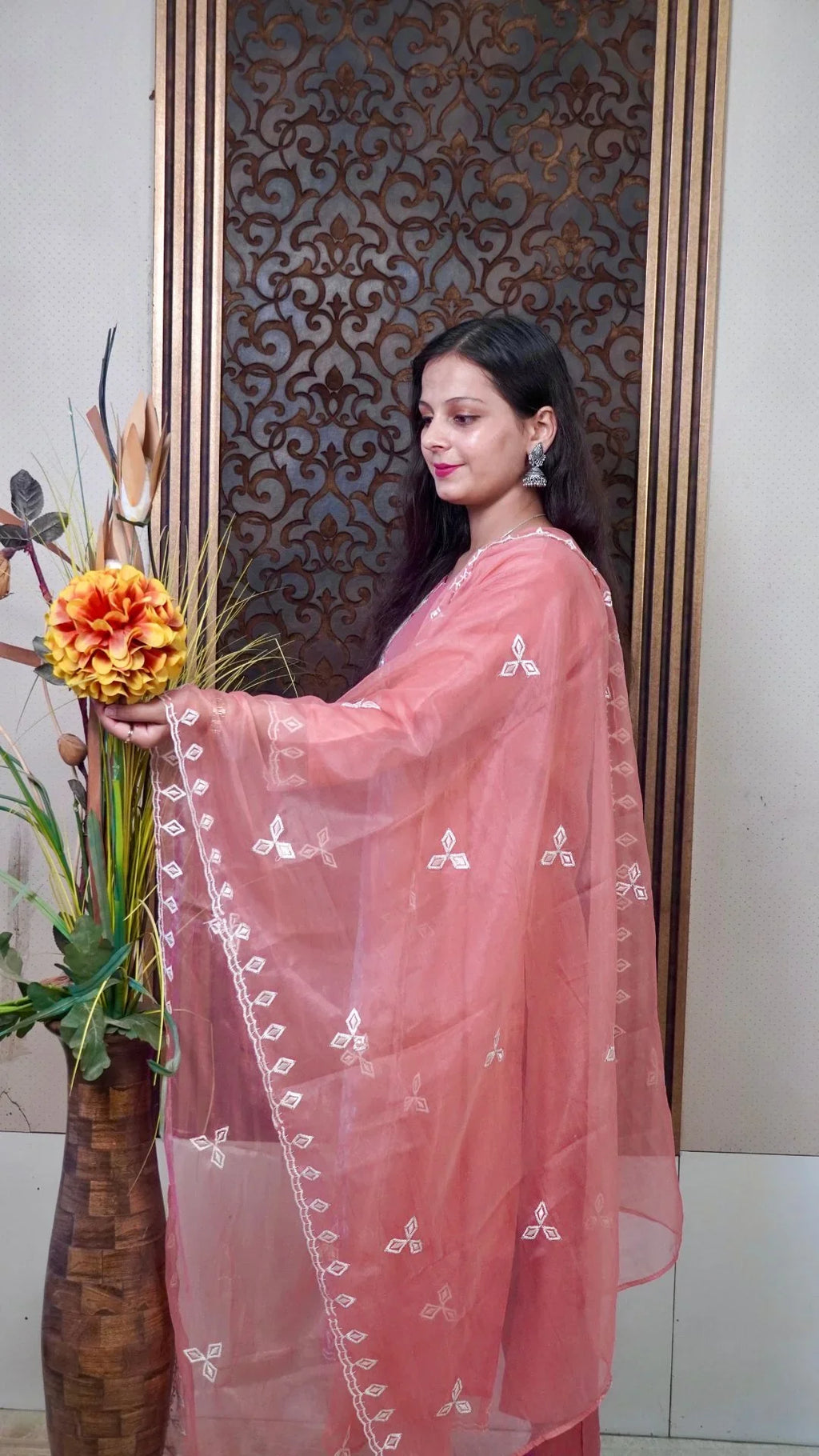 Rust Embroidery Organza Dupatta Set – Elegant Organza with Intricate Embroidery