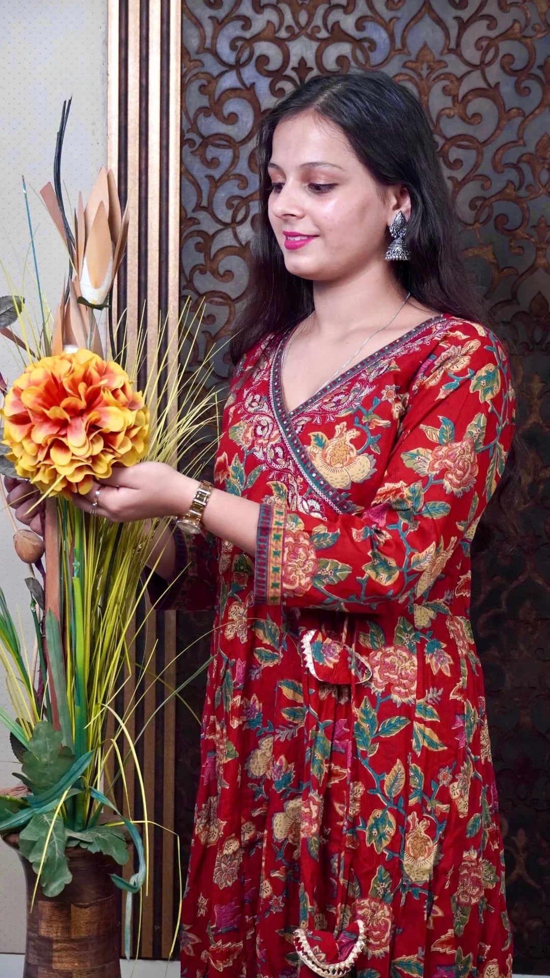 Maroon Printed Angrakha Anarkali duptta Set– Elegant Cross-Over Kurta with Flared Silhouette