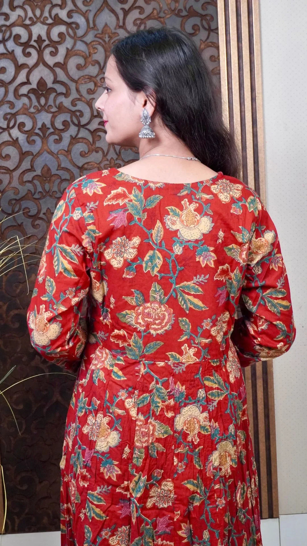 Maroon Printed Angrakha Anarkali duptta Set– Elegant Cross-Over Kurta with Flared Silhouette
