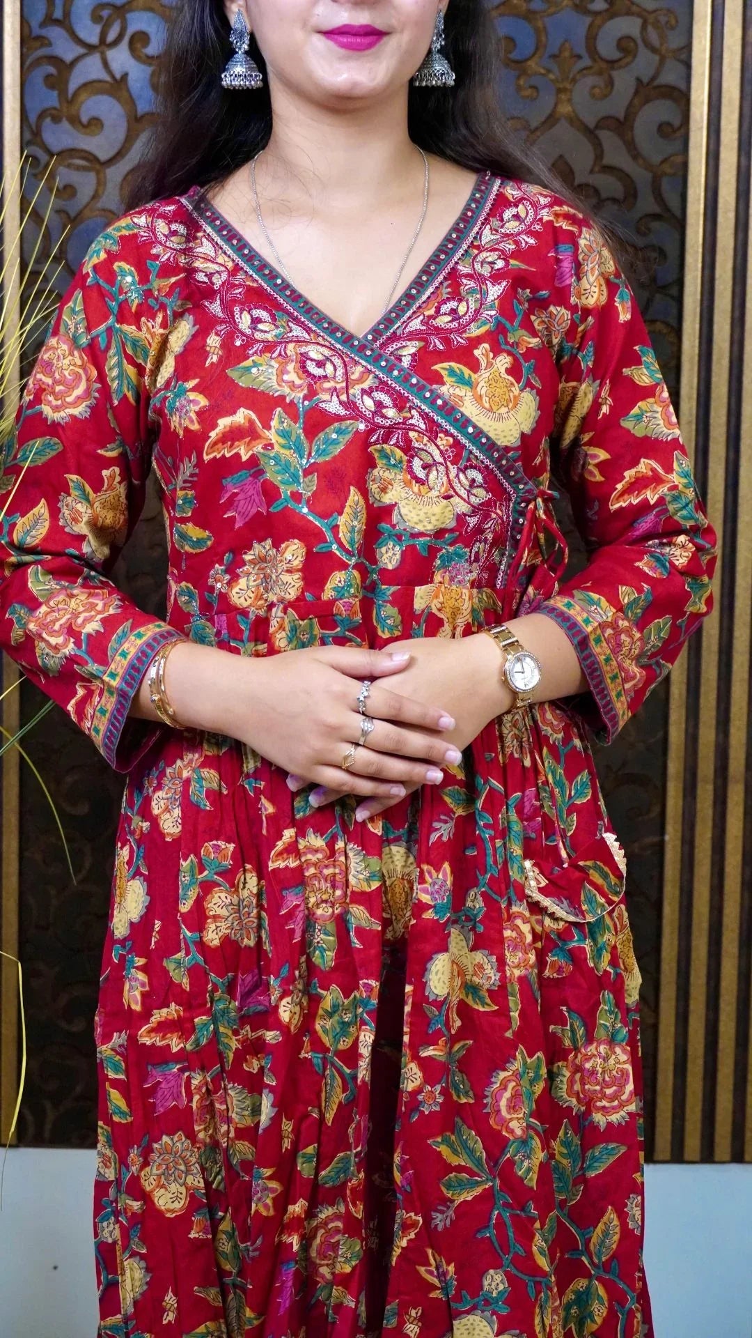 Maroon Printed Angrakha Anarkali duptta Set– Elegant Cross-Over Kurta with Flared Silhouette