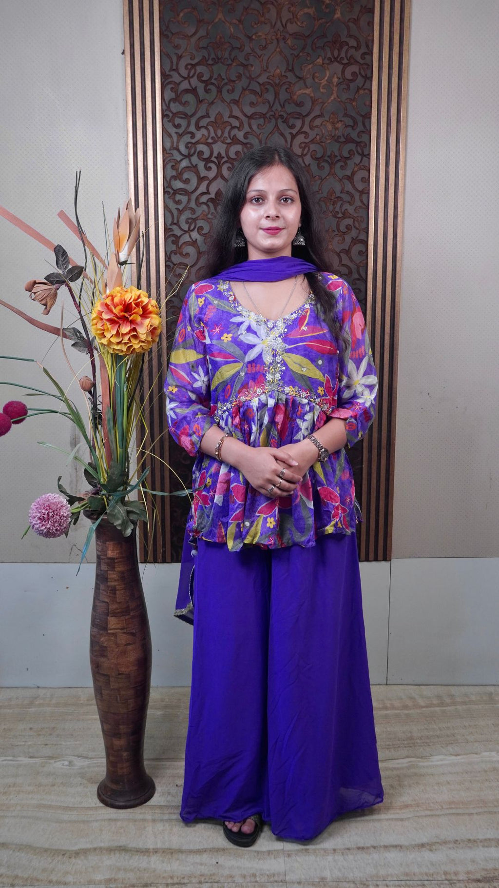 Pure Chinnon Purple Party-wear dress – Elegant Party Ensemble