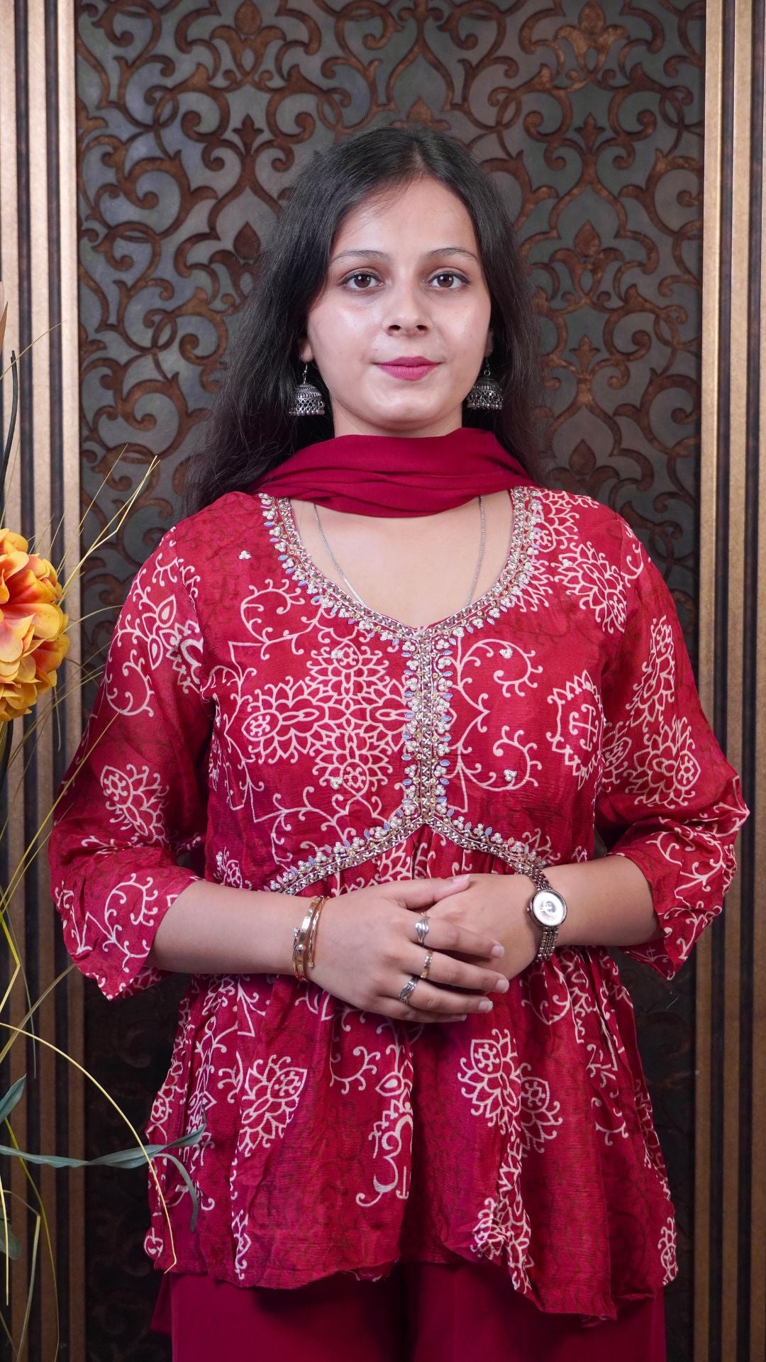 Pure Chinnon Maroon Party-wear dress– Regal Silk Elegance