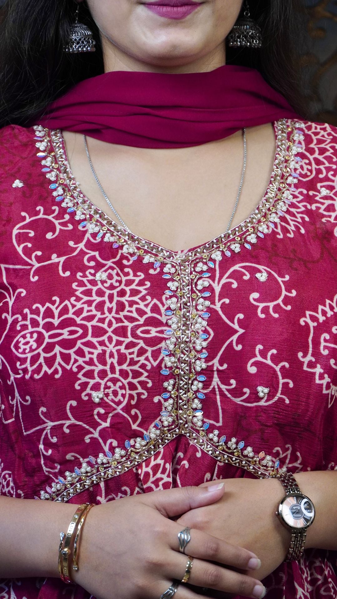 Pure Chinnon Maroon Party-wear dress– Regal Silk Elegance