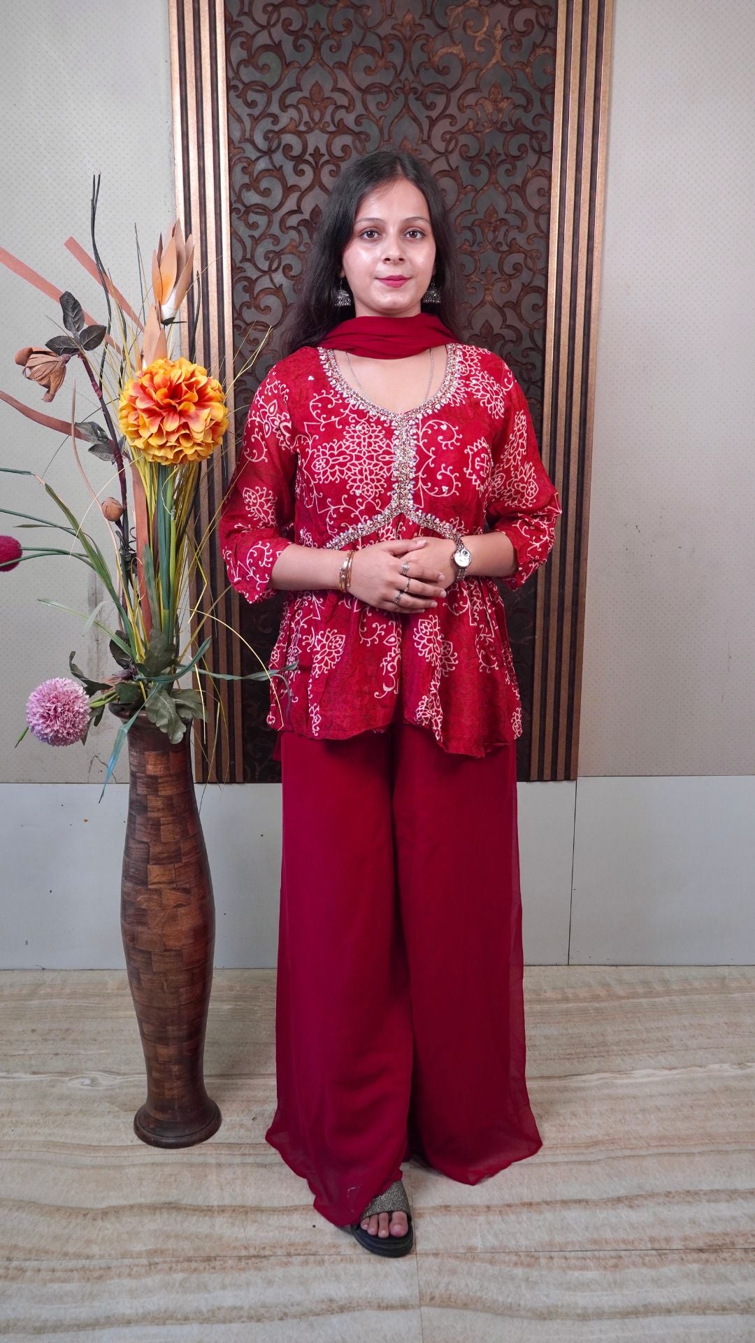 Pure Chinnon Maroon Party-wear dress– Regal Silk Elegance