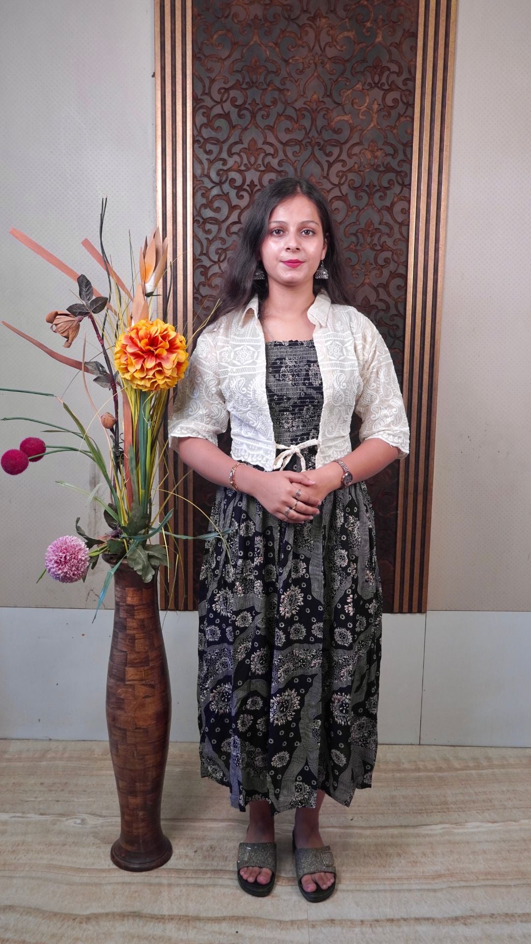 Black Floral Cotton Midi Dress – Chic, Comfortable, Everyday Style