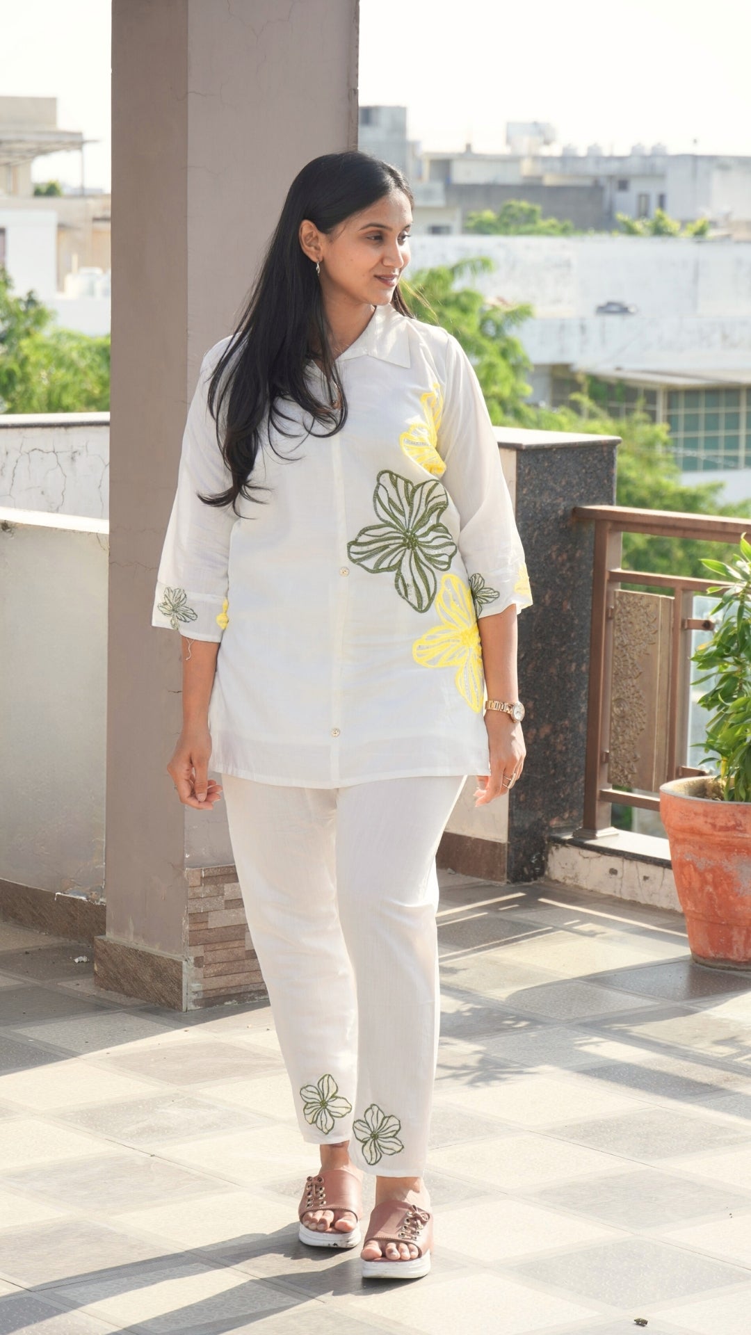 White Roman Silk Embroidered Co-ord Set with Inner Lining
