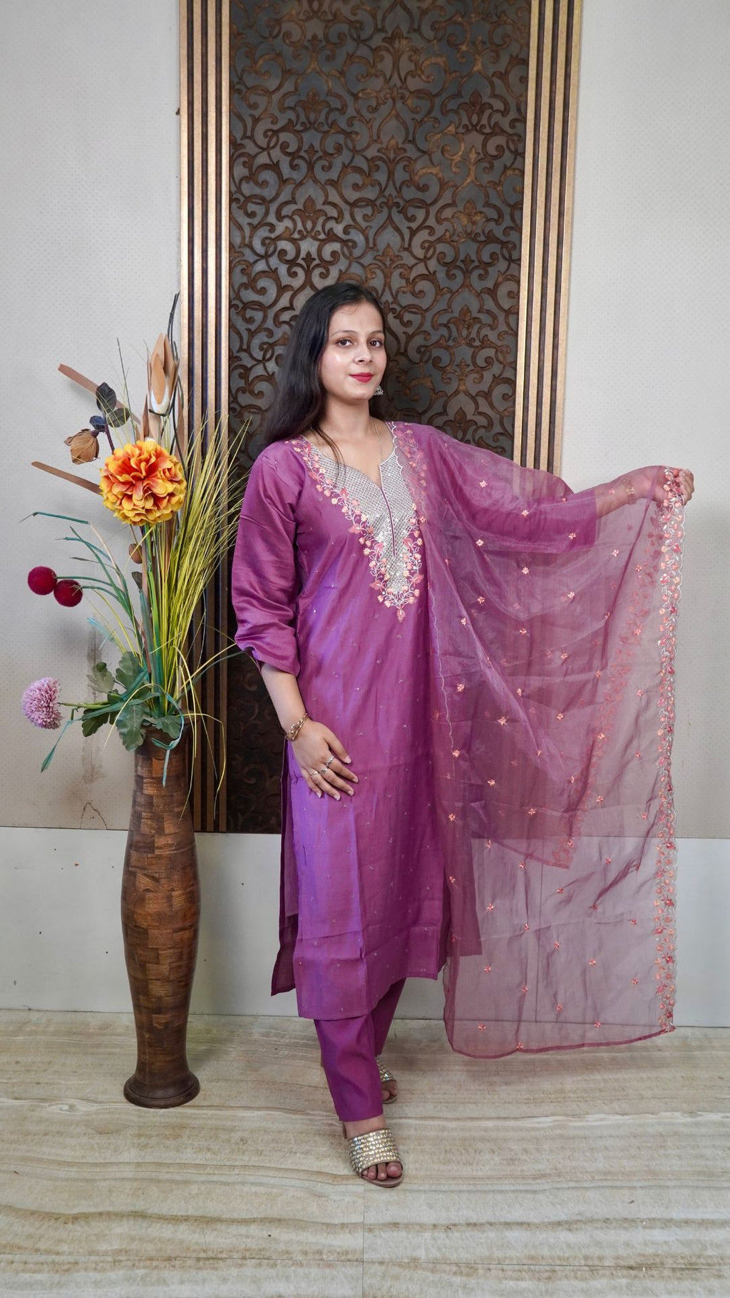 Wine Floral Embroidered organza Dupatta set– Rich Elegance with Handcrafted Bloom