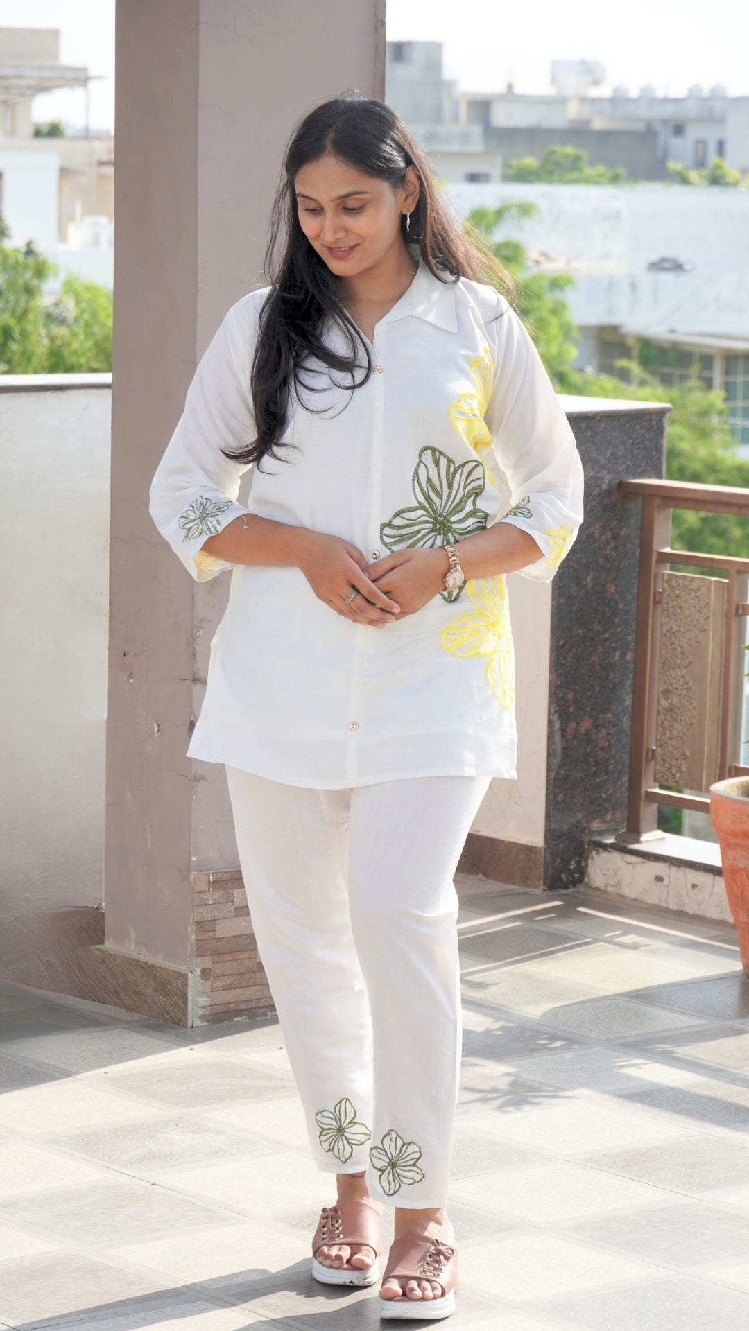 White Roman Silk Embroidered Co-ord Set with Inner Lining