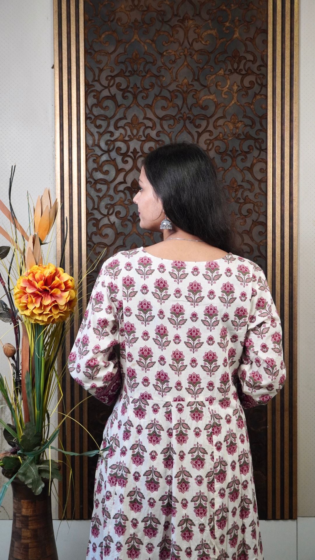 Cream Printed Cotton Anarkali Dupatta Set – Subtle Elegance in Soft Hues
