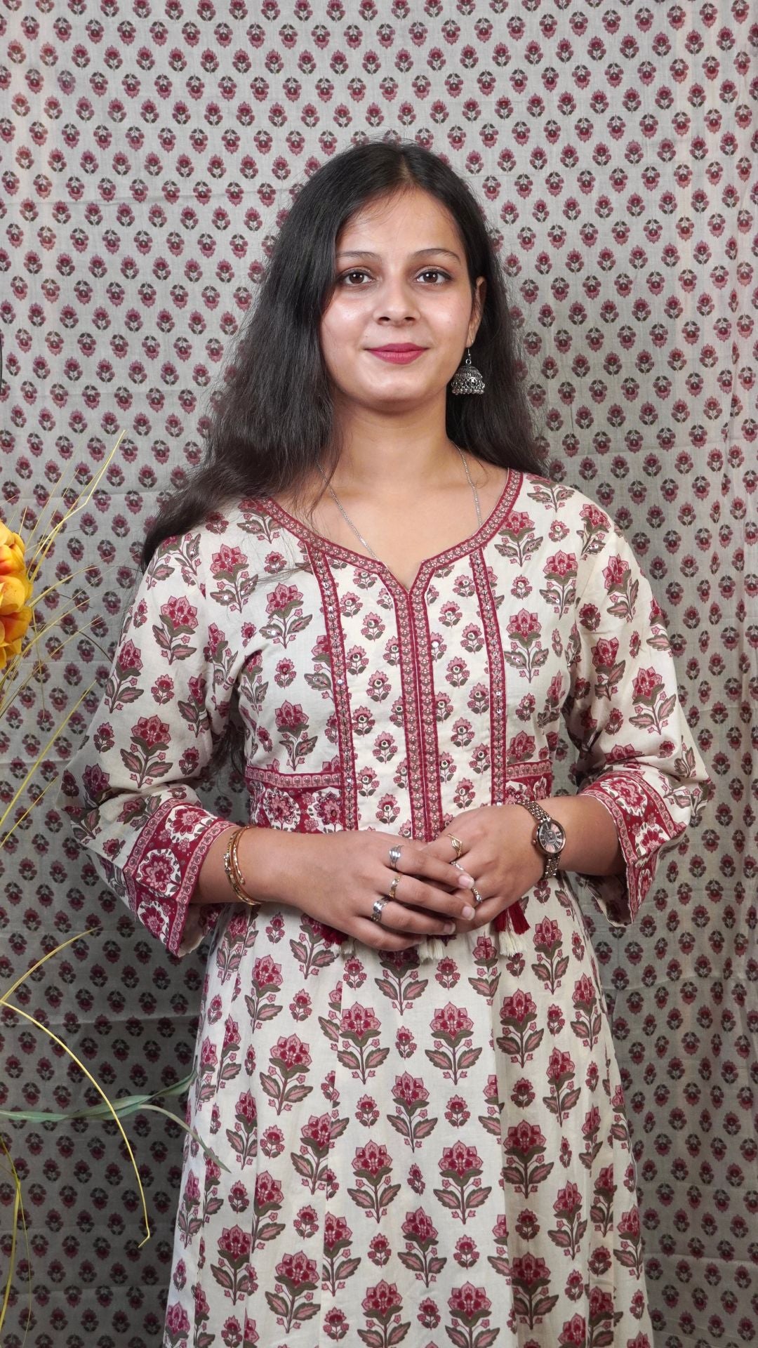 Cream Printed Cotton Anarkali Dupatta Set – Subtle Elegance in Soft Hues