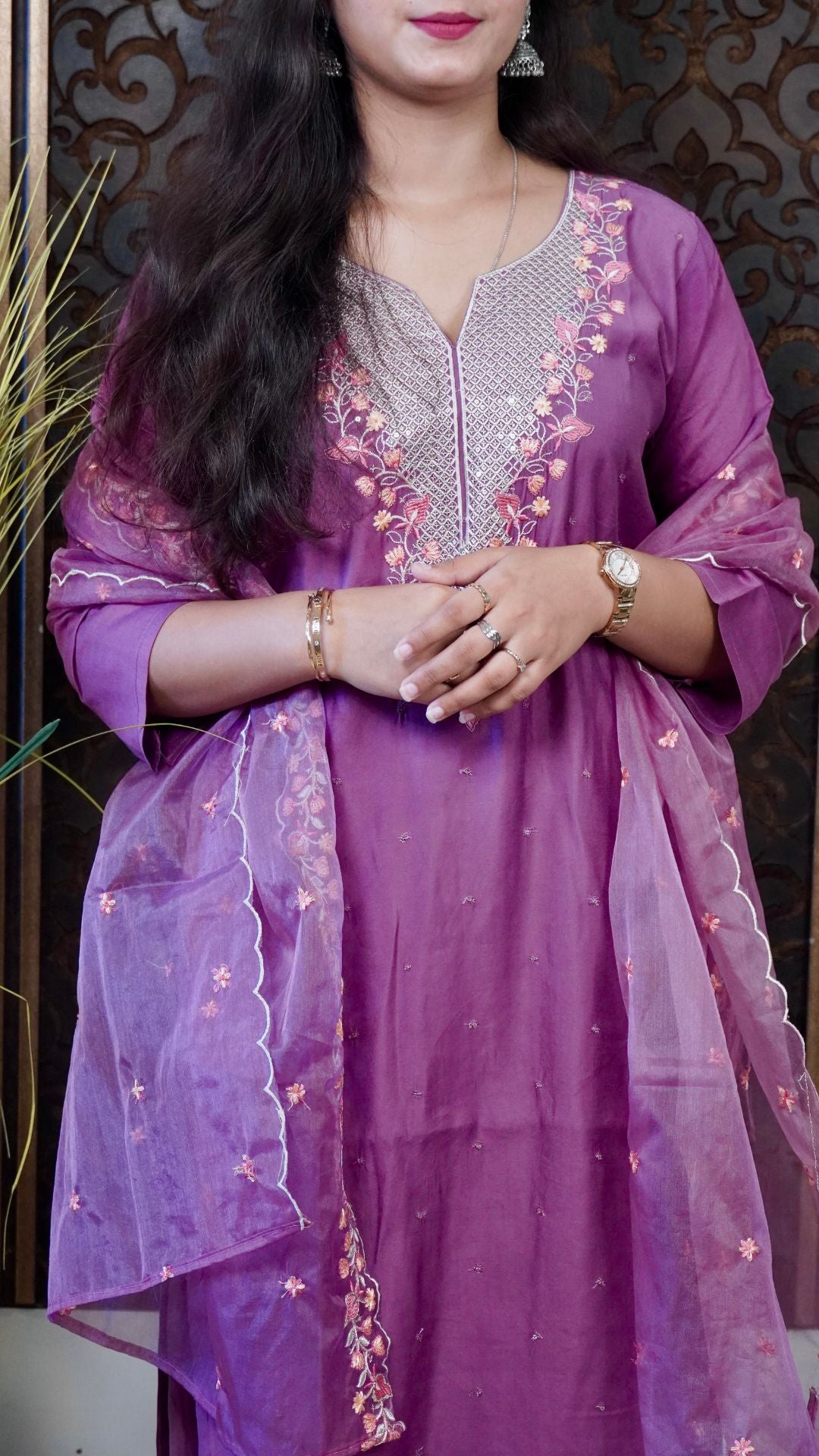 Wine Floral Embroidered organza Dupatta set– Rich Elegance with Handcrafted Bloom