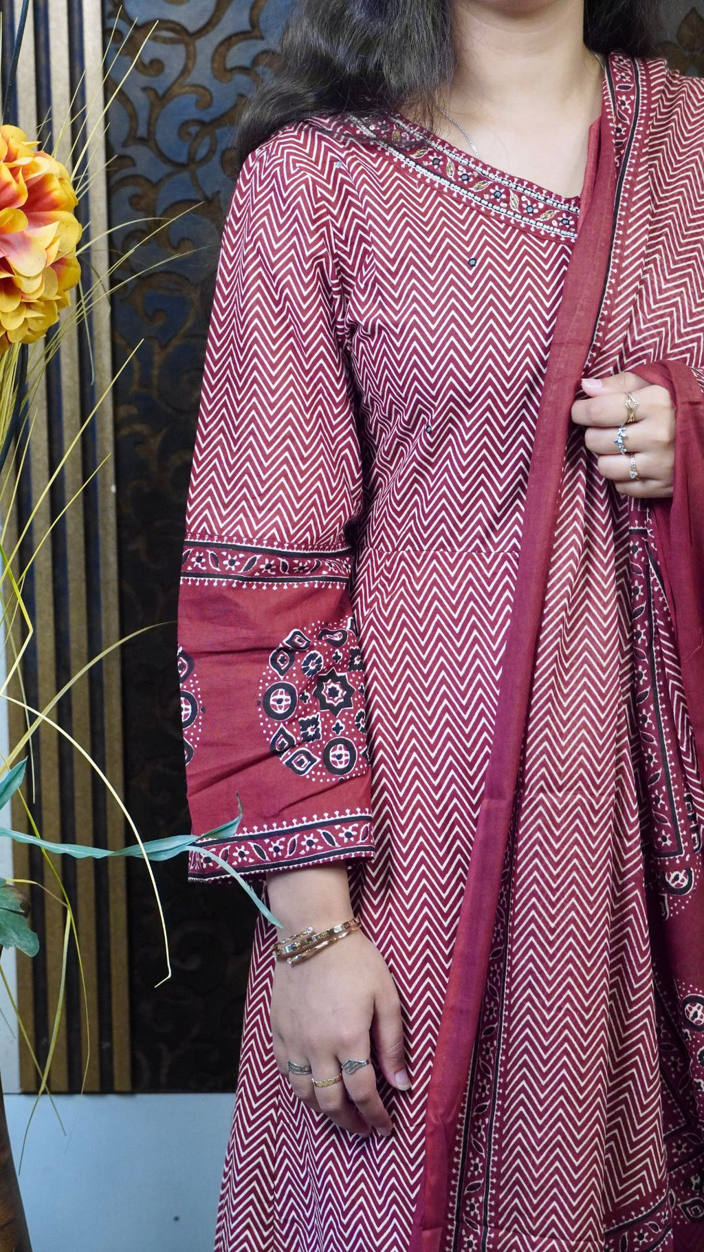 Maroon Printed Cotton Angrakha Anarkali Dupatta Set – Stylish & Comfortable Ethnic Wear