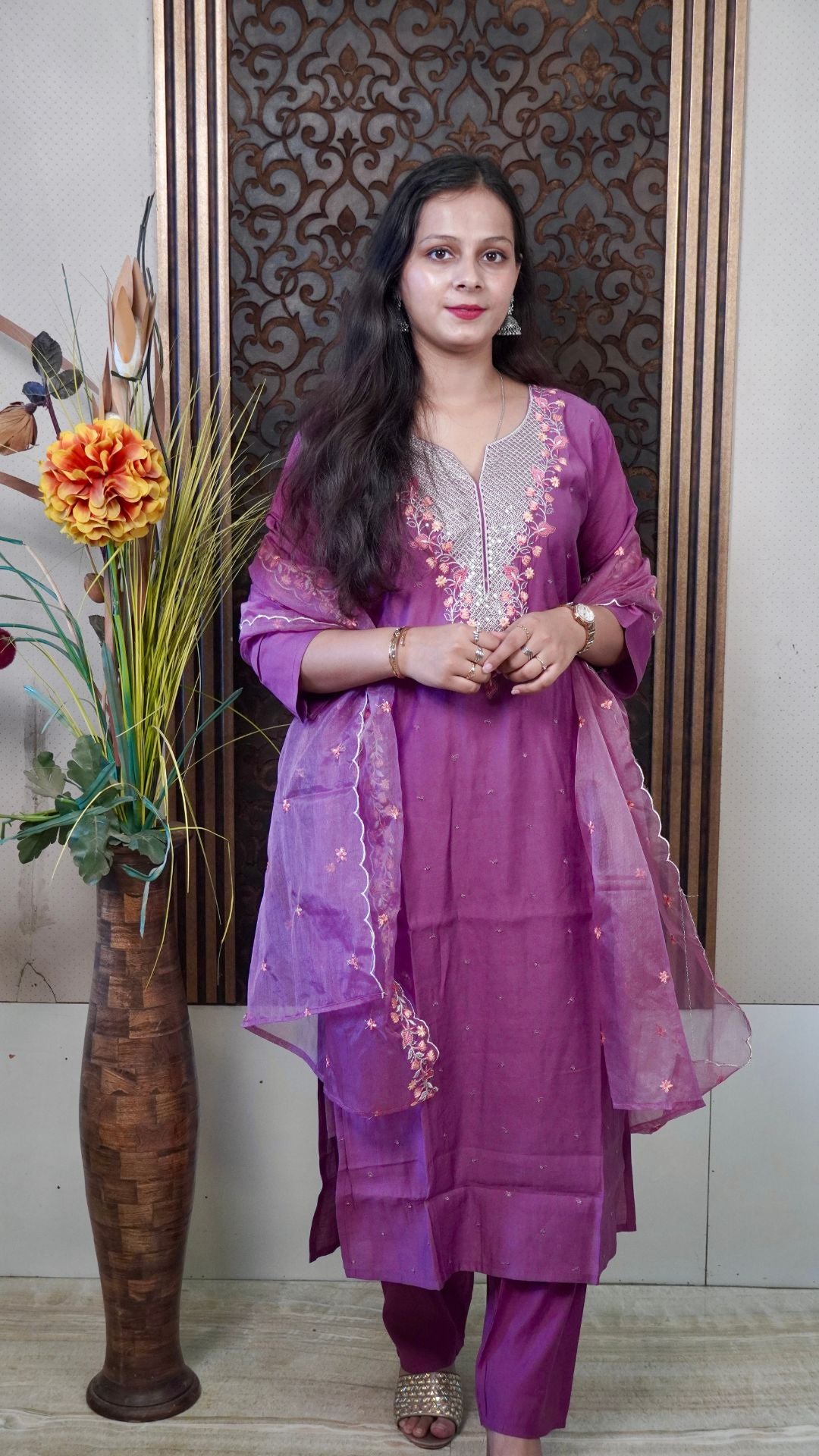 Wine Floral Embroidered organza Dupatta set– Rich Elegance with Handcrafted Bloom