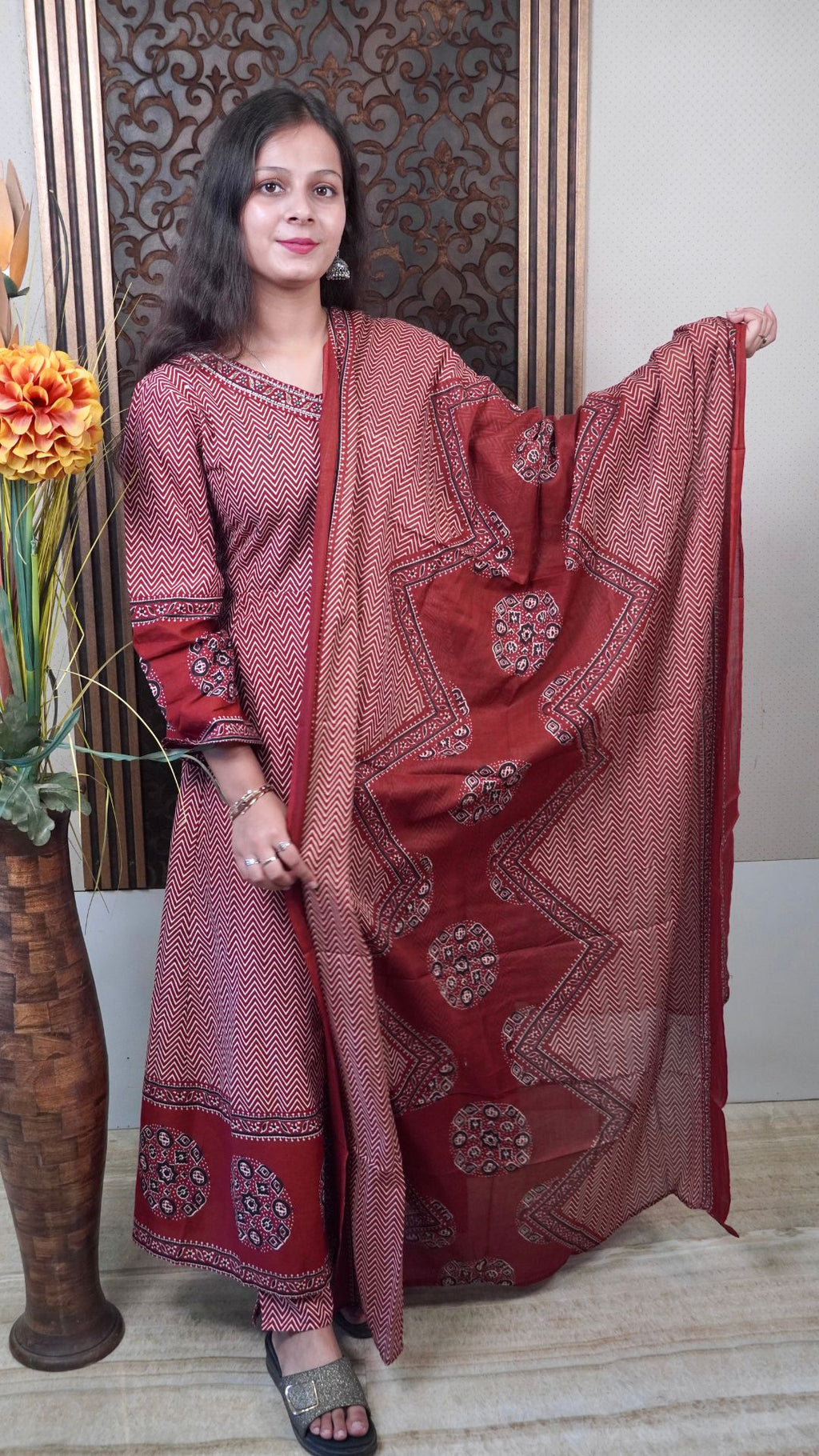 Maroon Printed Cotton Angrakha Anarkali Dupatta Set – Stylish & Comfortable Ethnic Wear