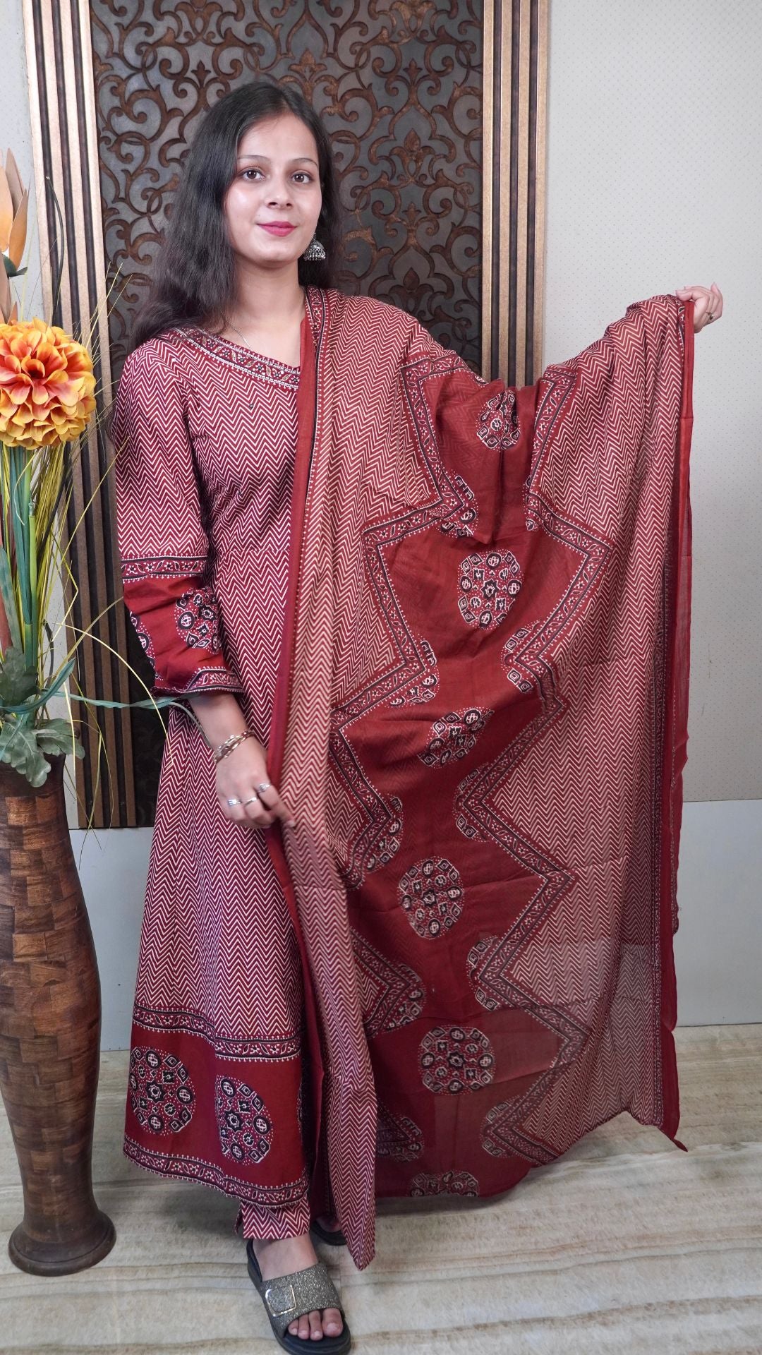 Maroon Printed Cotton Angrakha Anarkali Dupatta Set – Stylish & Comfortable Ethnic Wear