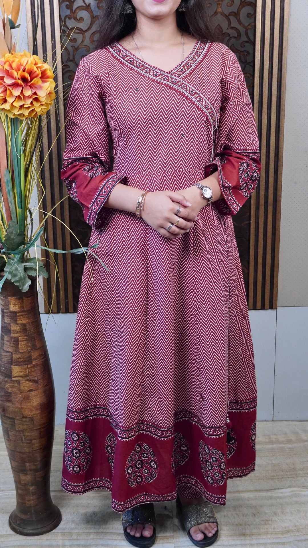 Maroon Printed Cotton Angrakha Anarkali Dupatta Set – Stylish & Comfortable Ethnic Wear