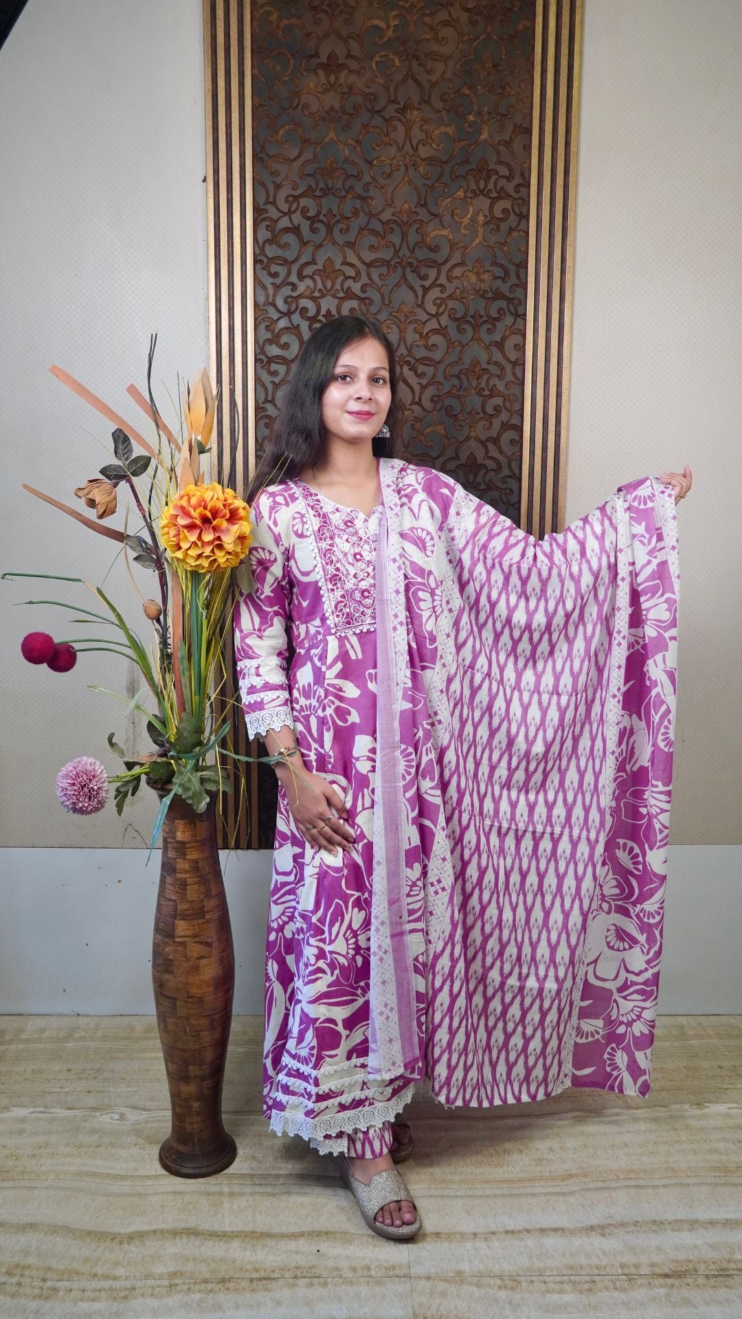 Printed Purple Cotton Anarkali Dupatta Set – Elegant Floral Charm in Soft Cotton