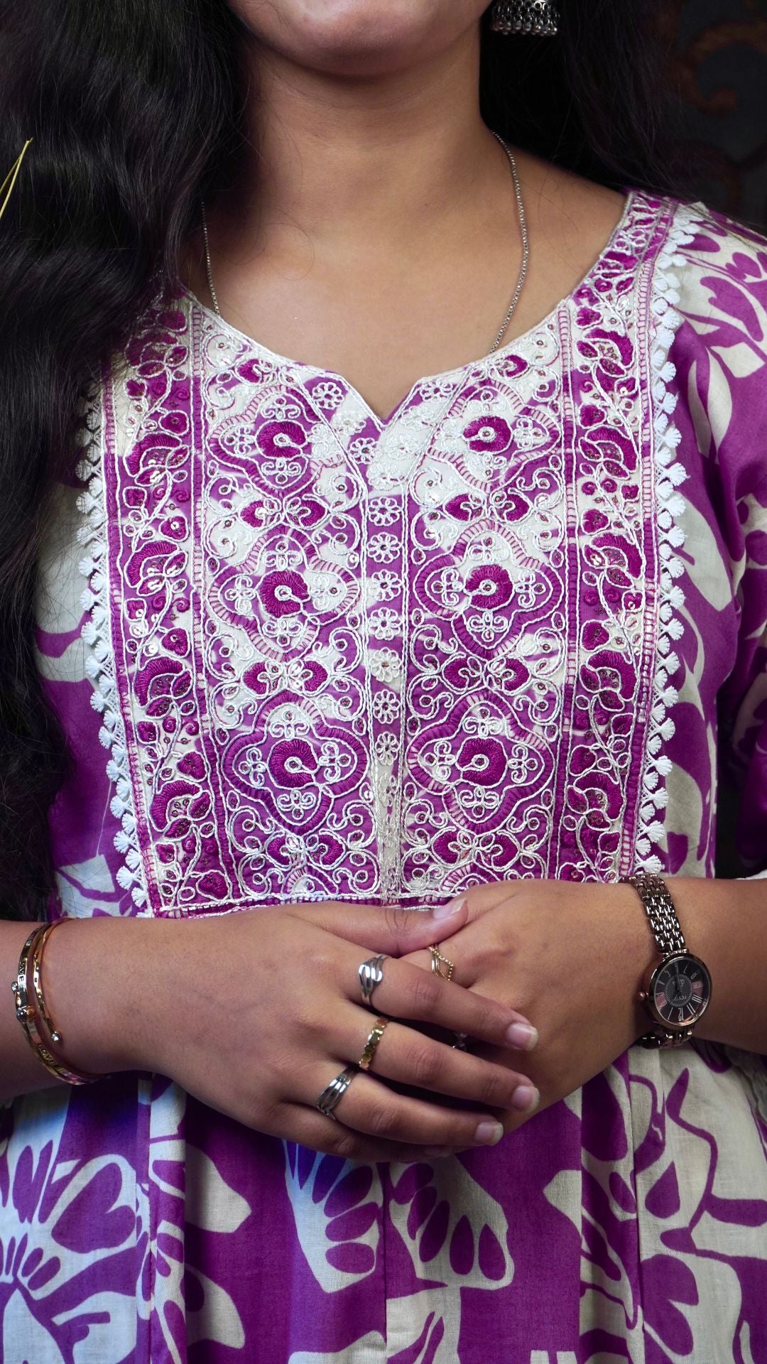 Printed Purple Cotton Anarkali Dupatta Set – Elegant Floral Charm in Soft Cotton
