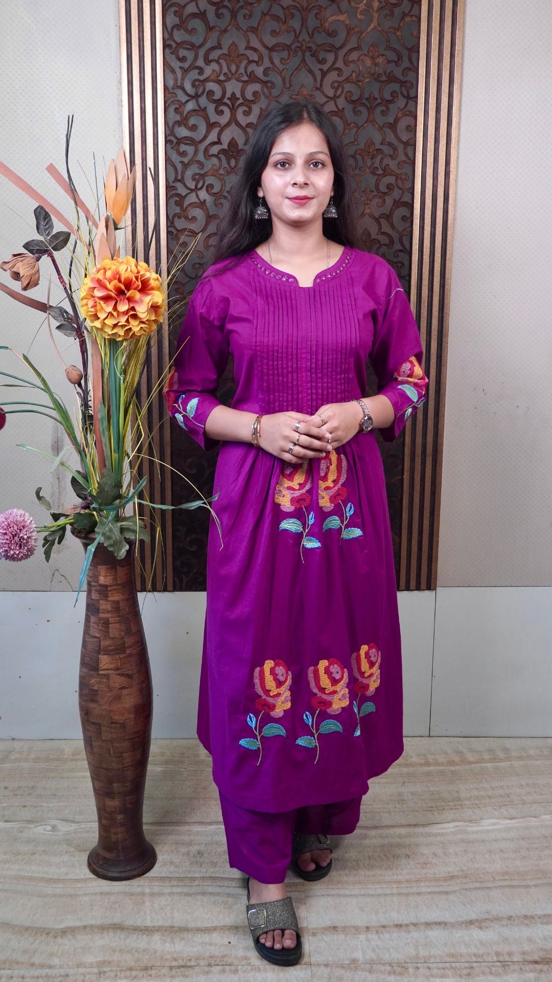 Wine Embroidered Cotton A-Line Set – Graceful Comfort in Rich Tones