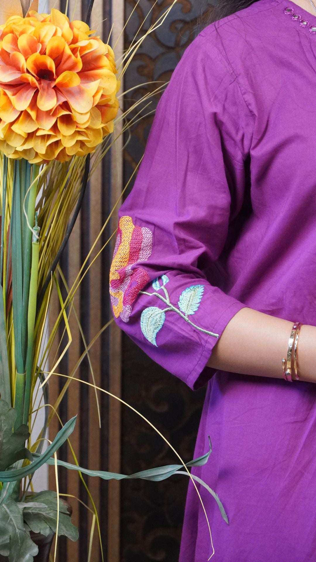 Wine Embroidered Cotton A-Line Set – Graceful Comfort in Rich Tones