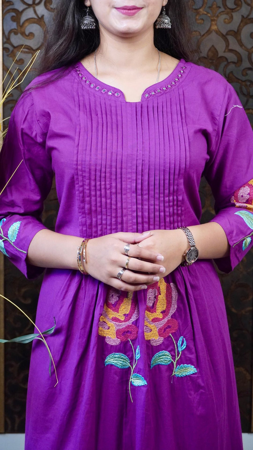 Wine Embroidered Cotton A-Line Set – Graceful Comfort in Rich Tones