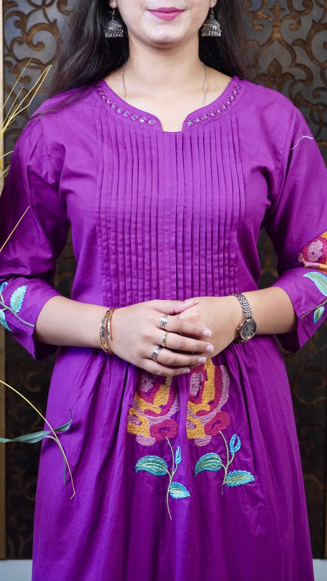 Wine Embroidered Cotton A-Line Set – Graceful Comfort in Rich Tones