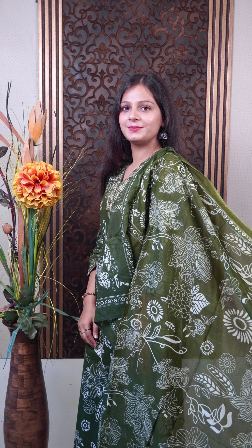 Dark Green Printed Cotton Dupatta set – Timeless Elegance in Serene Tones