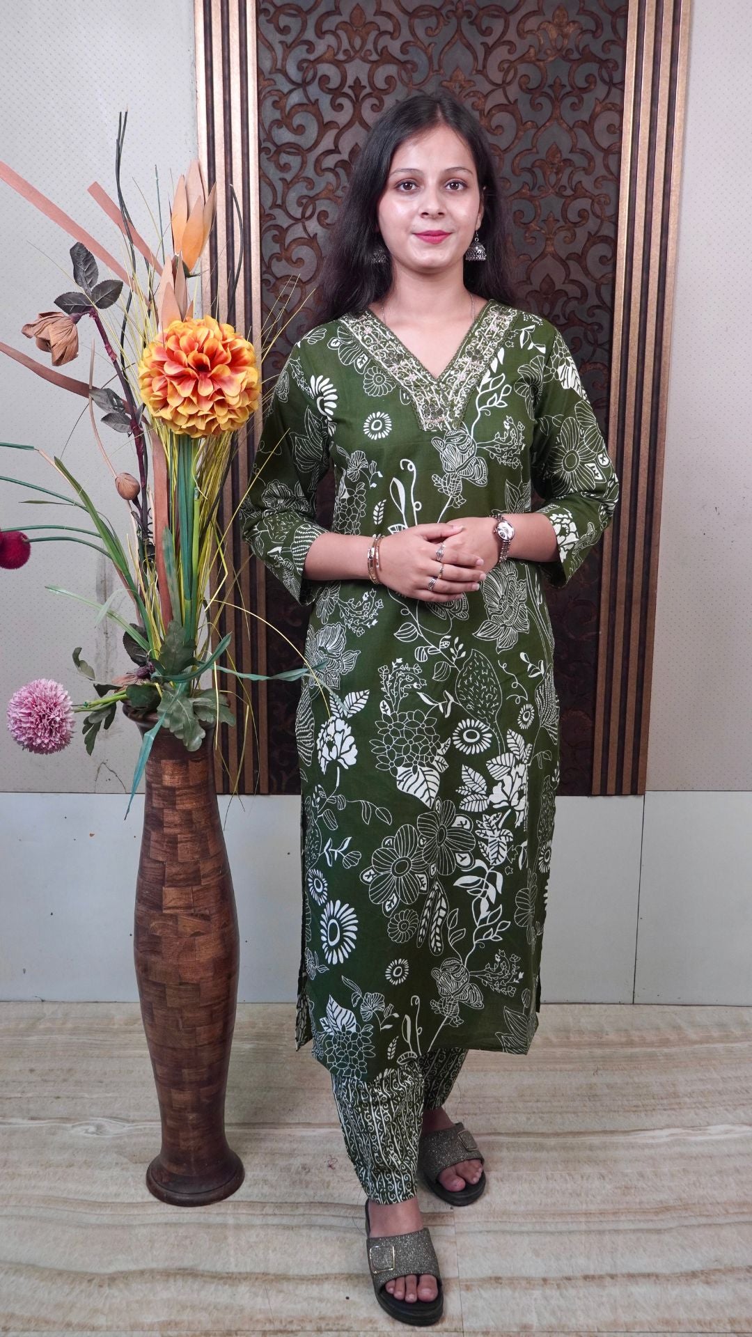 Dark Green Printed Cotton Dupatta set – Timeless Elegance in Serene Tones