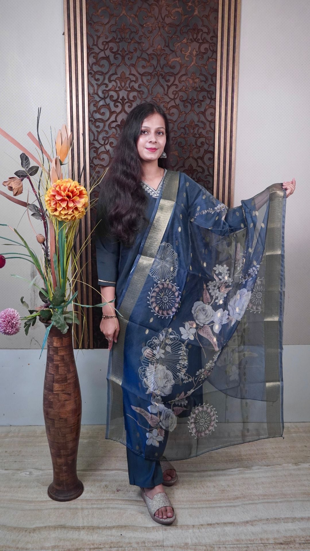 Dry Grey Embroidered organza Dupatta set – Subtle Sophistication in Soft Grey