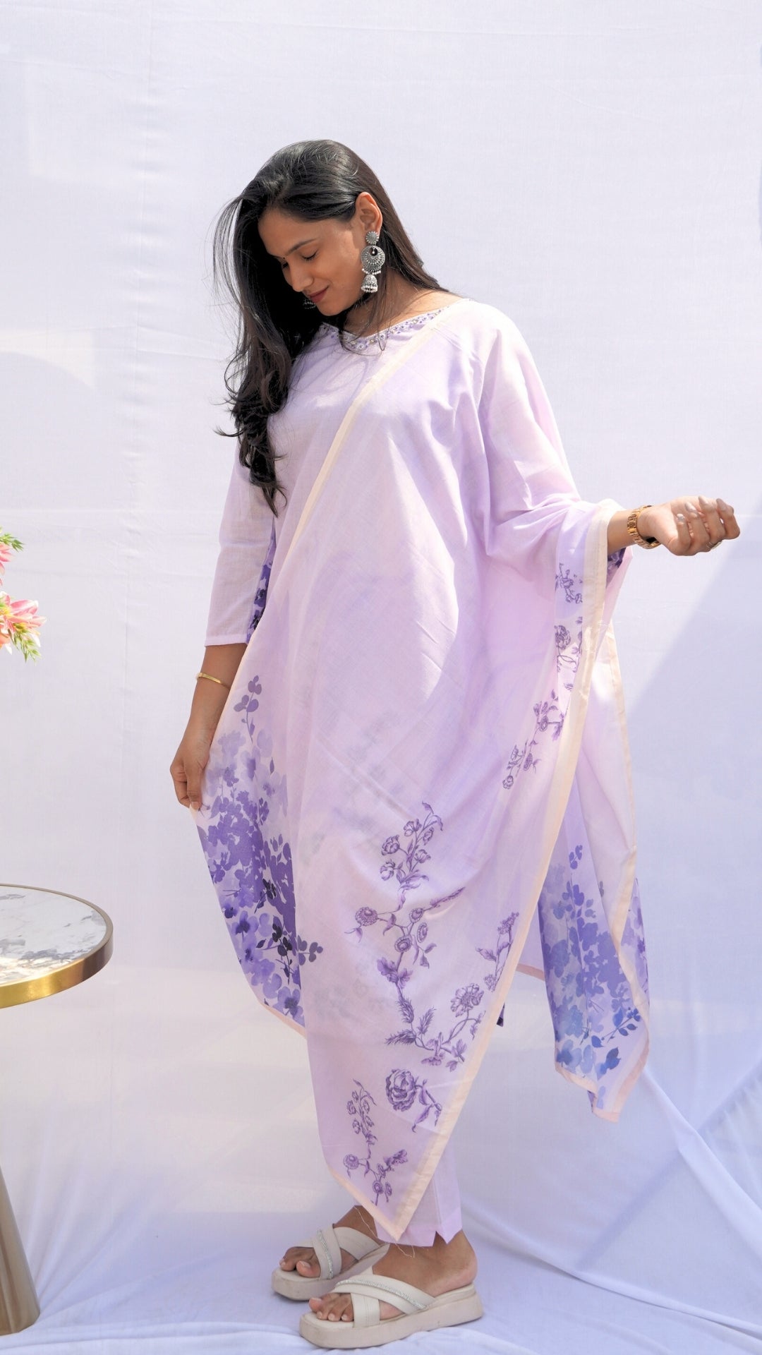 Pure Mul Cotton 3-Piece Kurta Set with Pearl Work