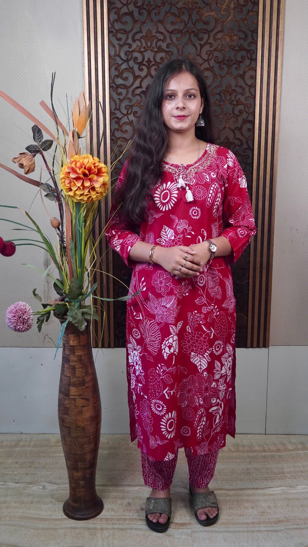 Red Printed Cotton Dupatta set– Vivid Charm in Breathable Silhouettes