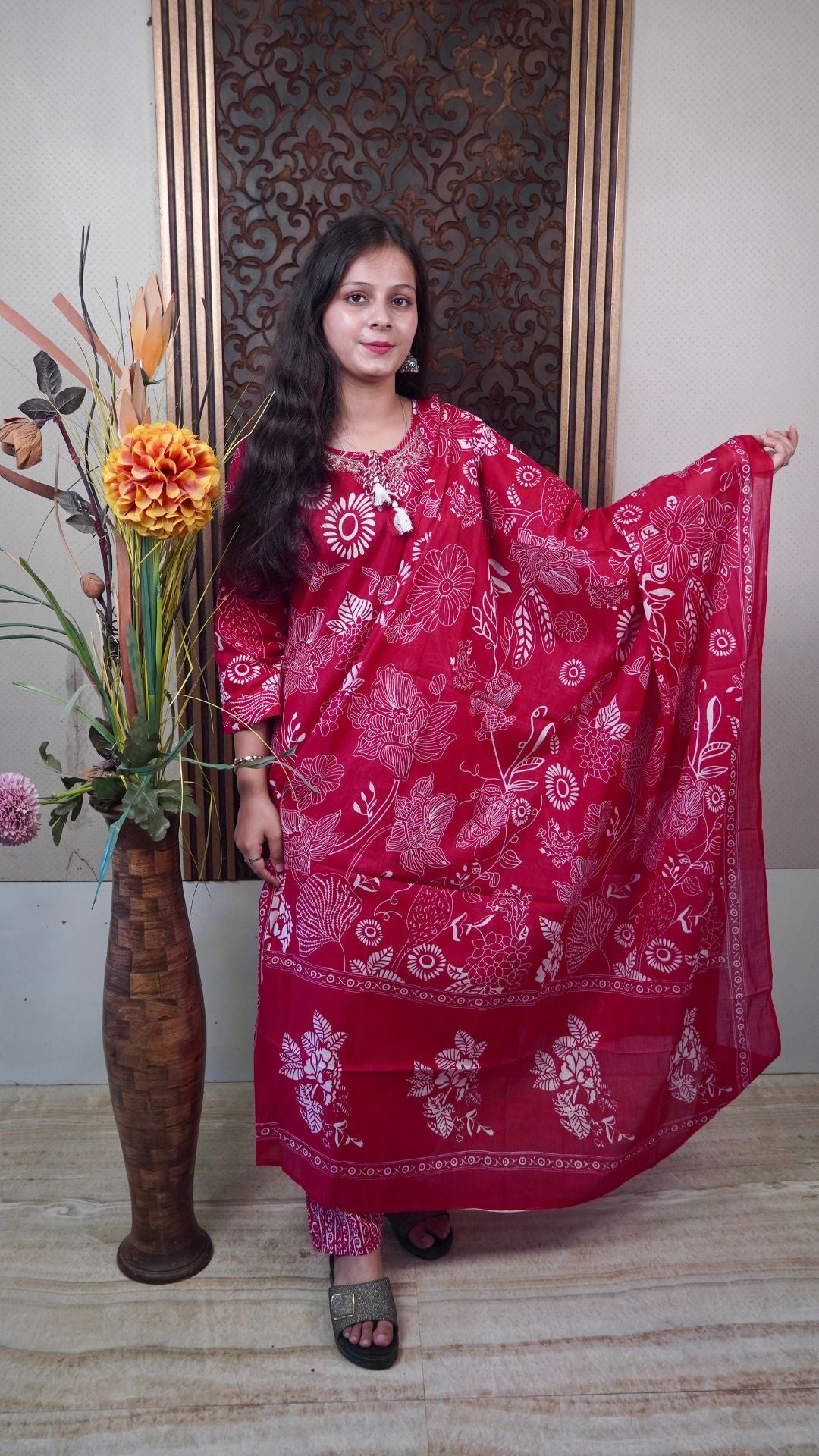 Red Printed Cotton Dupatta set– Vivid Charm in Breathable Silhouettes