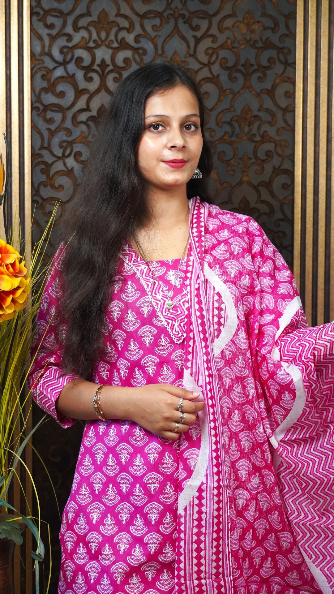 Rani Pink Printed Cotton Dupatta Set – Radiant Prints in Breathable Comfort