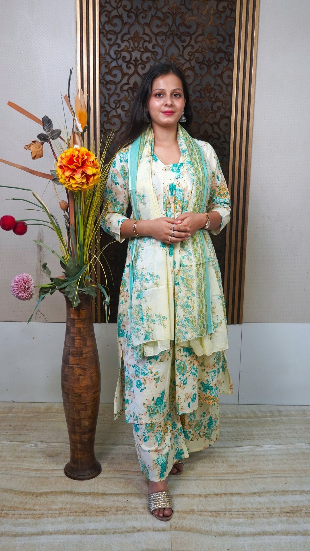 Cream Printed Cotton Palazzo Dupatta Set – Soft Florals in Airy Comfort
