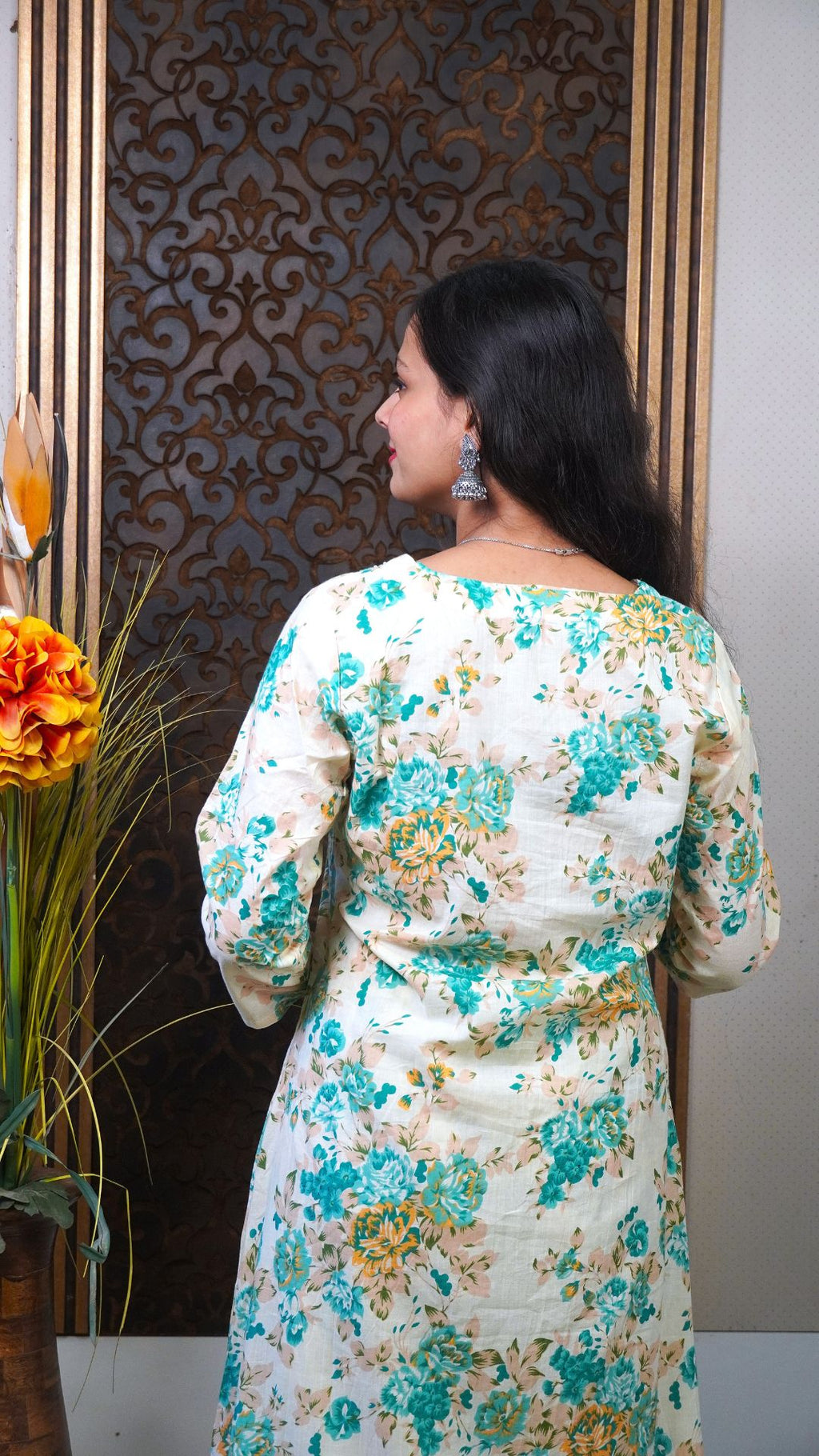 Cream Printed Cotton Palazzo Dupatta Set – Soft Florals in Airy Comfort