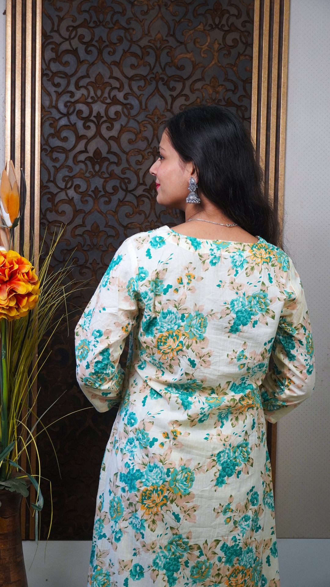 Cream Printed Cotton Palazzo Dupatta Set – Soft Florals in Airy Comfort