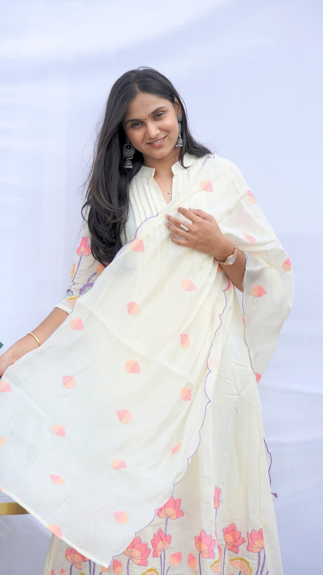 Off White Mul Chanderi A-Line Kurta Set with Floral Embroidery