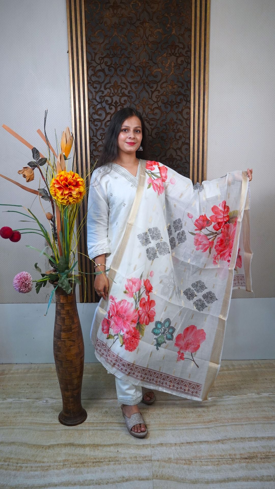 Off-White Heavy printed Silk Dupatta – Timeless Elegance in Luxurious Ivory