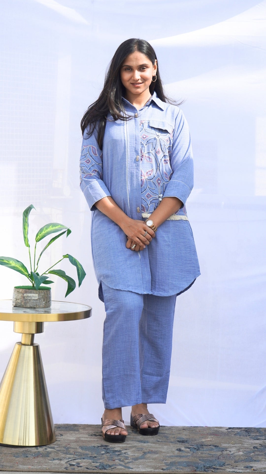 Blue Imported Fabric Embroidered Co-Ord Set in Denim Look