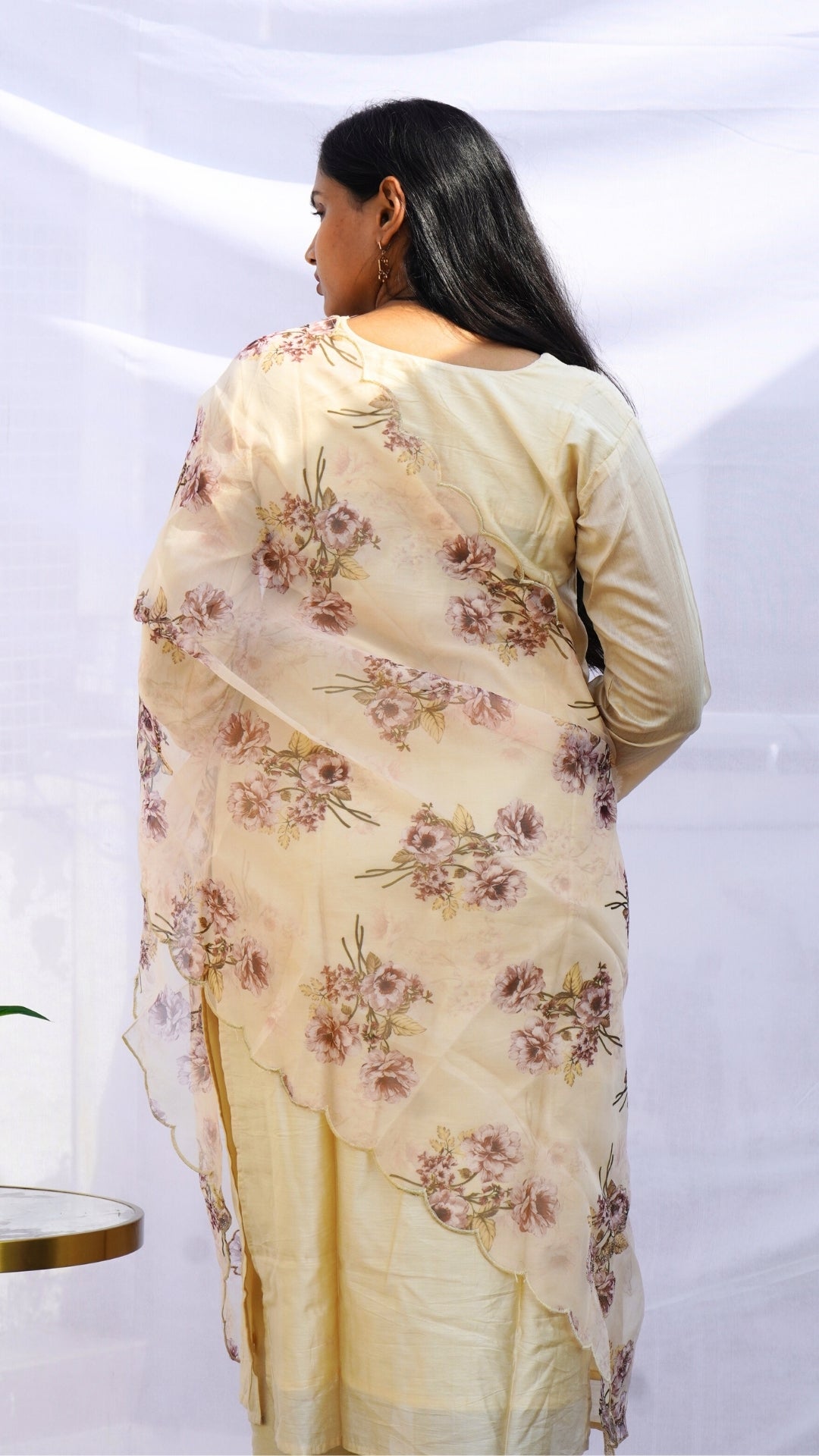 Cream Mulberry Silk Patch Work Kurta Set with Organza Floral Print Dupatta