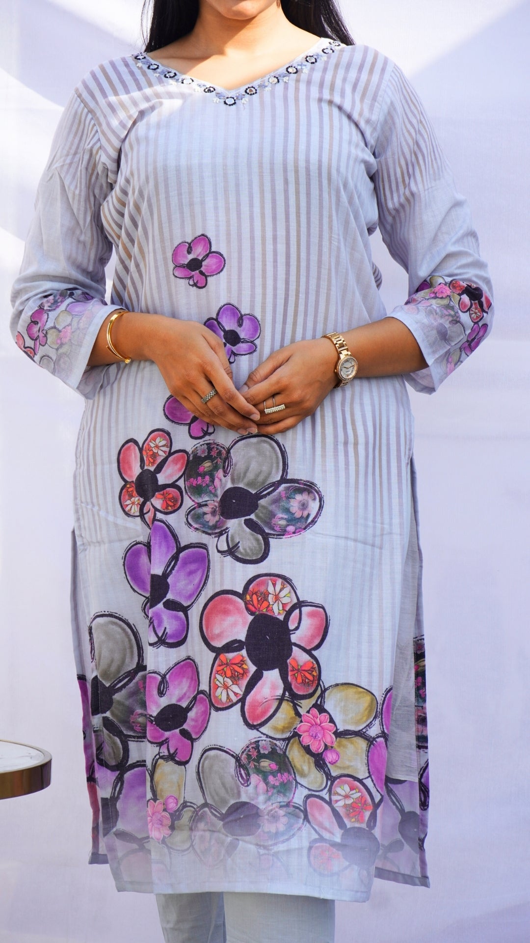 Grey Mul Cotton 3-Piece Suit with Pearl Work – Casual Ethnic Wear for Women