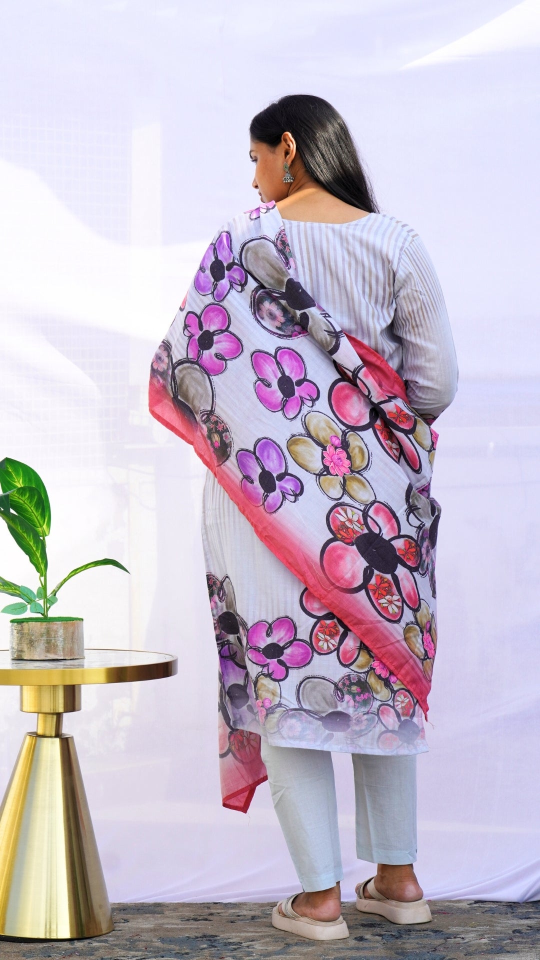 Grey Mul Cotton 3-Piece Suit with Pearl Work – Casual Ethnic Wear for Women